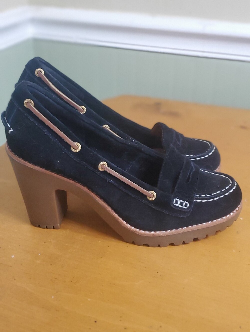 Sperry Black Suede Platform Loafer Heels with Brown Trim